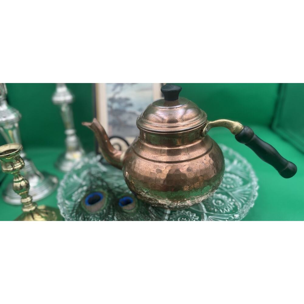 Vintage “CopperBull” Hammered Copper/Brass Teapot W/ Wood Handle, 1.5 Quart